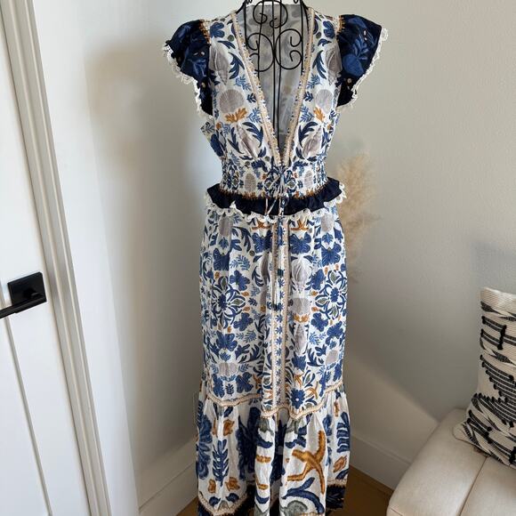 Caroline Constas Blue Floral Tapestry Smocked Ruffle Maxi Dress V-Neck XS - Picture 1 of 10